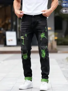 Black and Green Slim Jeans for Men - Fashionable Ripped Compression Pants, Comfortable Stretch Denim, Halloween Street Style, Versatile and Easy to Match ugly  jeans comfortable all-day wear