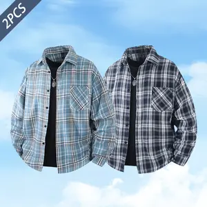 2 Pack Unisex European and American Retro Casual Shirts with Plaid Patterns, Stylish and Minimalist Design, Suitable for All Seasons, Loose and Comfortable Fit, Versatile for Various Occasions
