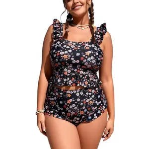 Women's Plus Size High-Waisted Ruffle 2-Piece Floral Bikini Set, Tummy Control Bathing Suit, Comfortable 2026 Swimwear for Summer Vibes, Bathing Suits, Bikini Sets, tankini women