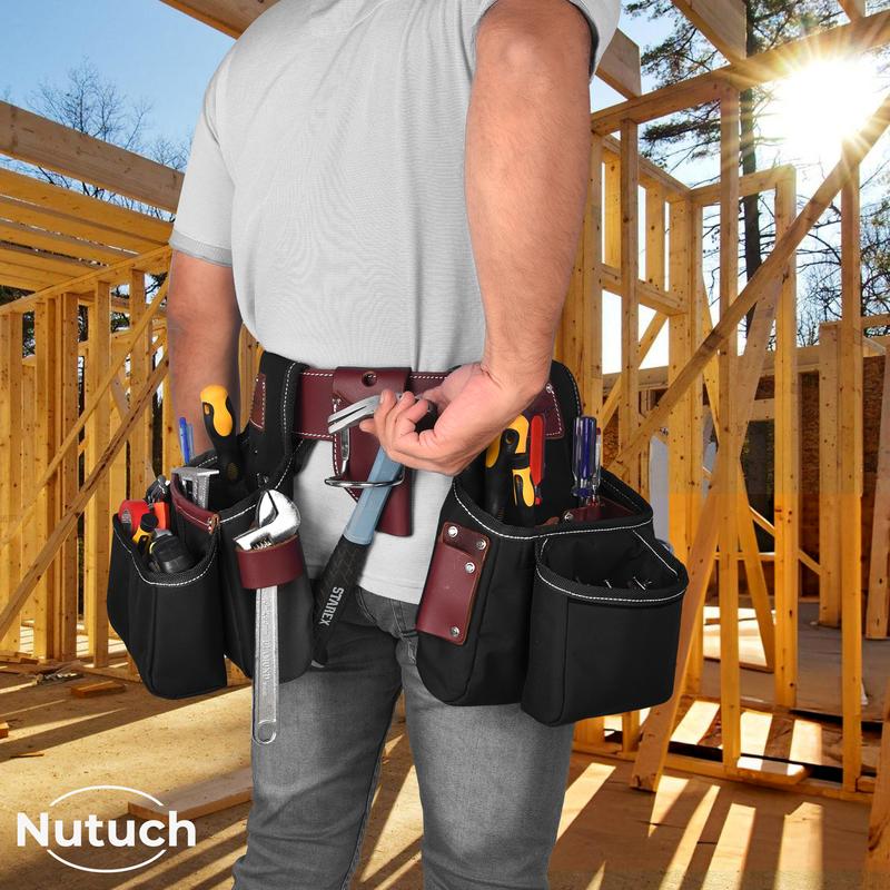 NUTUCH Black Heavy Duty Nylon and Leather Tool Belt for Carpenters and Electricians