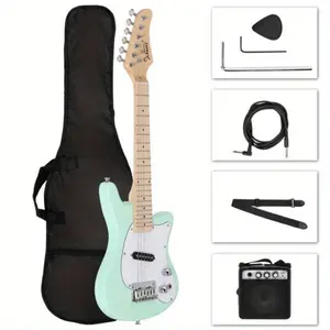 30in Maple Fingerboard Mini Electric Guitar Kit with 5W Amplifier Bag String Shoulder Strap Plectrum Cord Wrench Tool Light Green