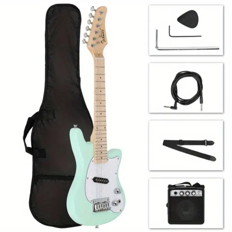 Light Green 30in Maple Fingerboard Mini Electric Guitar Kit with 5W Amplifier, Bag, Strings, Shoulder Strap, Guitar Pick, Cord, Wrench Tool