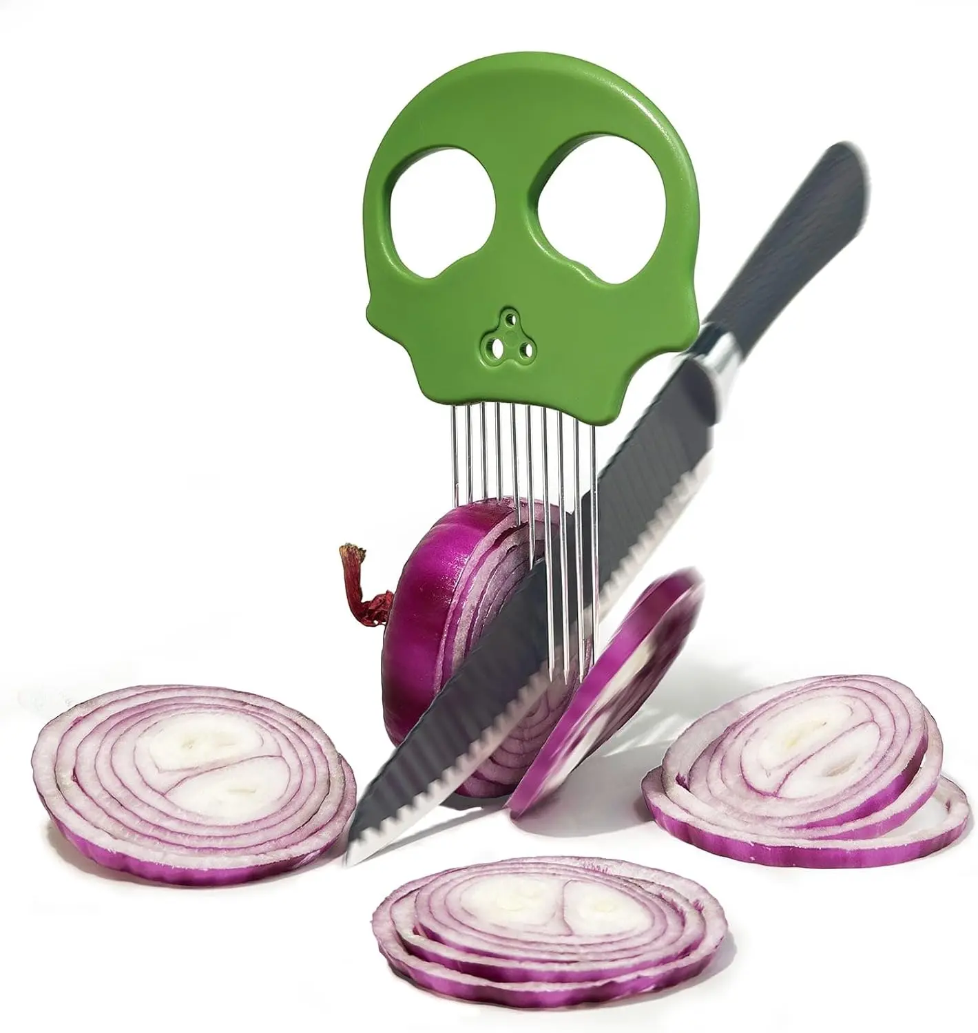 Stainless Steel Multi-Function Kitchen Utensil - Smooth Onion Cutter, Egg Slicer, Cilantro Chopper, Herb Stripper with Holes, Meat Tenderizer, Stabilizer (Green, with Prep Board for Avocados, Tomatoes, Luncheon Meat)