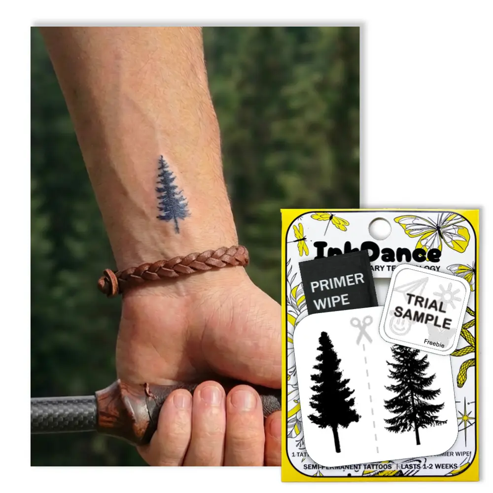 InkDance Semi-Permanent Tattoo, Tiny Pine Tree, Long Lasting Temporary Tattoos, Waterproof Plant-Based Ink, Lasts 1-2 Weeks, Color Develops in 24 Hours MNF173, Set of 2