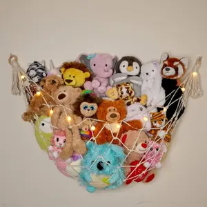 Stuffed Animal Storage Macrame Hammock w String Lights for Flat Walls Large Boho Room Decor Toy Storage Hanging Plushie Stuffed Animal Net Organizer White