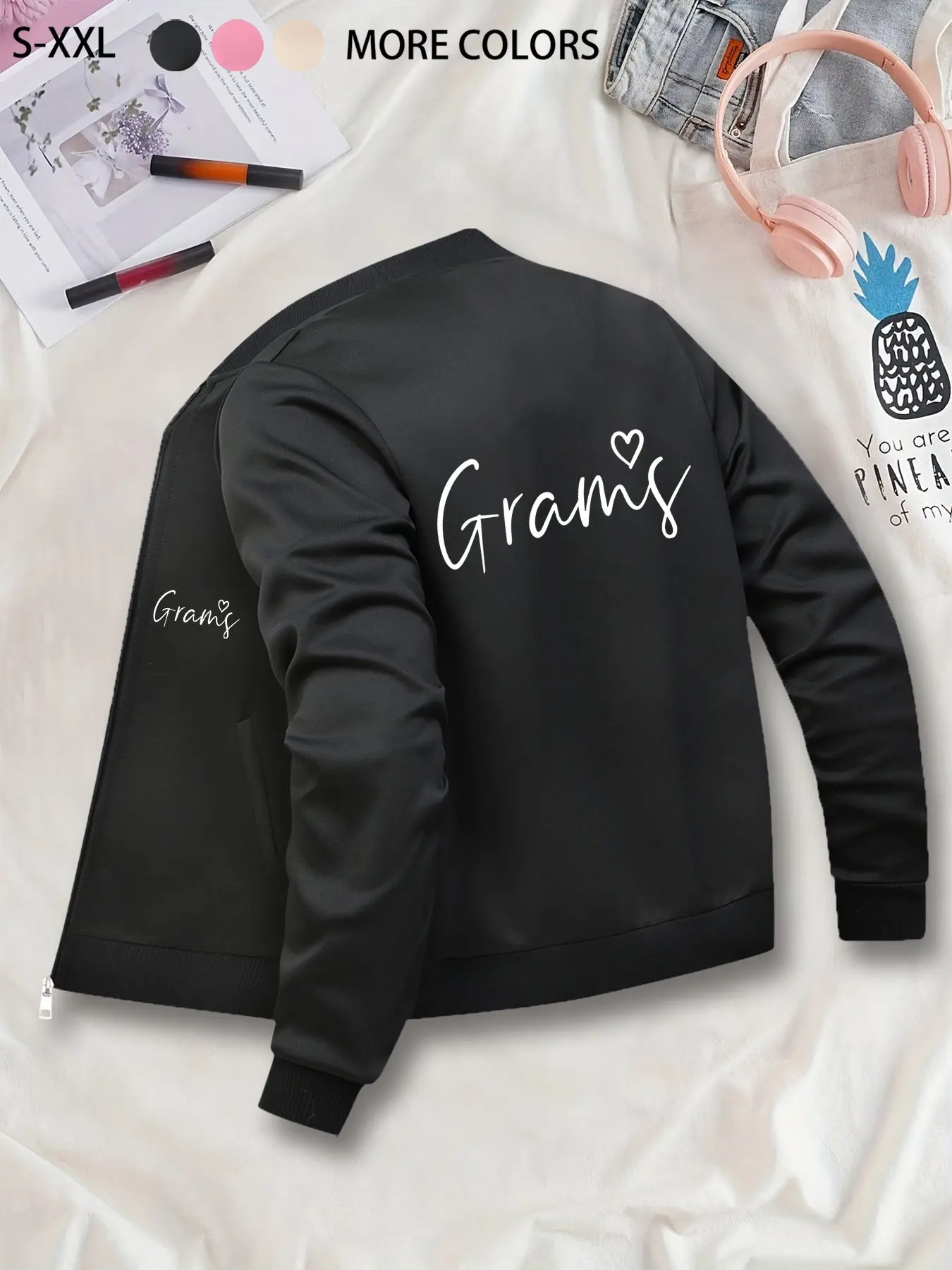 Minimalist Fashion Grandma-Exclusive Heart Printed Baseball Jacket: Daily Casual Comfortable Warm Outerwear, Zipper Design, Retro Style, Ultra-Comfortable Fit, Must-Have for Casual Outfits