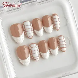 Nude Scale Handmade Press-On Nails | Short Almond Shape, 10pcs | Nude Beige White Scale Embossed French | Clean Girl Aesthetic | For Daily, Office, Date, Vacation, OOTD | High Gloss, Long Lasting, Reusable, Handmade DIY Nail Art