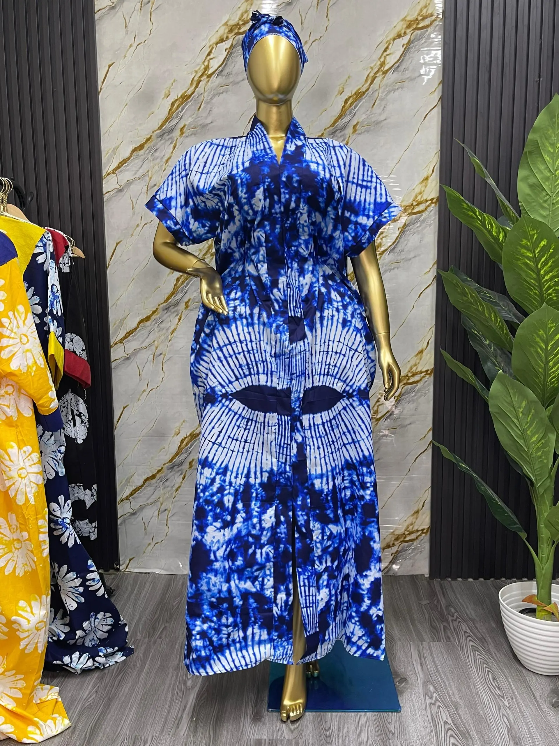 Women's Elegant Newly Sewn Ankara Boubou Kaftan Clothes Set - Classy Modest Collared Dress, Adjustable Inner Tie, Fitted 1-Size Comfortable Fabric Womenswear, Lady