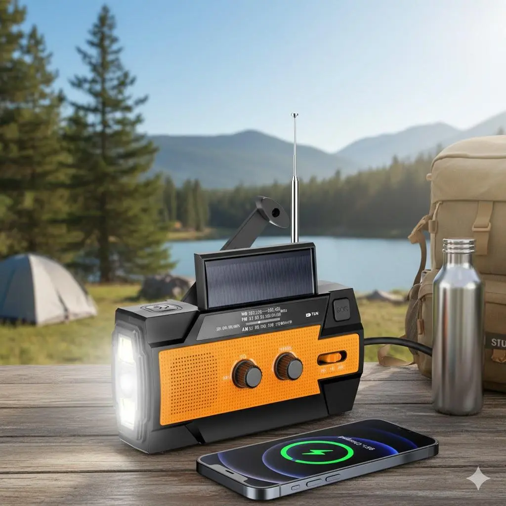Survival Gear Radio: Portable Survival Radio, AM/FM Weather Band, Hand Crank & Solar Powered, 4000mAh USB Power Bank, 3-Mode Flashlight, Reading Lamp, SOS Alarm, for Outdoor Emergency Use.