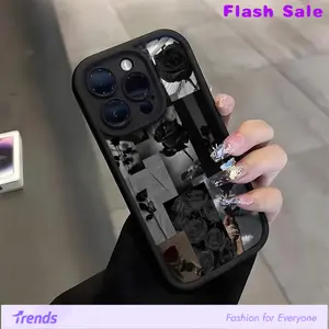 Fashionable Black Rose Patchwork Pattern Phone Case for iPhone 16/15/14Pro/13/12/11/Plus/Pro/Max/Mini for men and women TPU Shockproof And Dirt-Resistant Protective Soft Case. Protector Cover