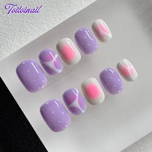 Lavender Blush Handmade Press-On Nails | Short Squoval Shape, 10pcs | Light Purple Polka Dot with Pink White Blush & Abstract Line Design Hand Painted Nails | Sweet Girl Aesthetic | Spring & Summer Daily Wear, Reusable False Nails