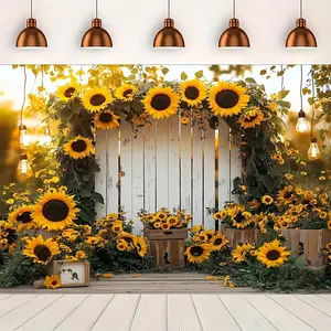 1PC,2D Flat Sunflower Theme Photography Backdrop, Rustic White Fence & Wooden Crate Design, Perfect for Baby Shower, Birthday Party, Wedding, Photo Studio Props, Durable Fabric Background Cloth