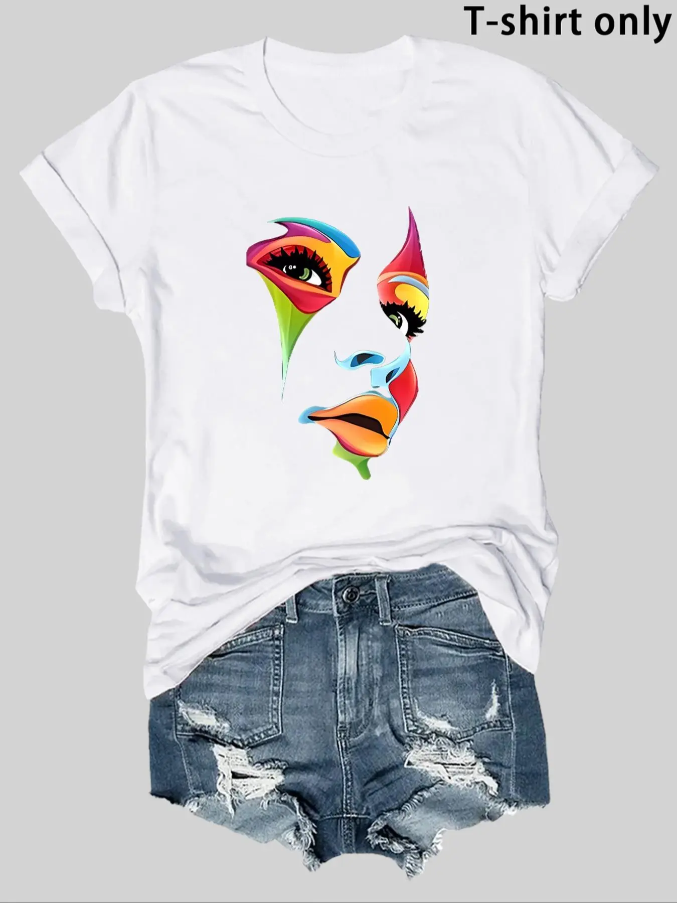 Women's Abstract Face Print Round Neck Fitted Knit Tee, Fashion Casual Crew Neck T-Shirt for Daily Holiday Vacation Outdoor Wear, Ladies Clothes for Summer, Casual Tops, Top, Womenswear, Crewneck, Fabric