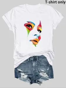 Women's Abstract Face Print Round Neck Fitted Knit Tee, Fashion Casual Crew Neck T-Shirt for Daily Holiday Vacation Outdoor Wear, Ladies Clothes for Summer, Top