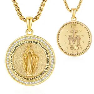 DRINSPER S925 Virgin Mary Necklace CZ Decor Golden Pendant Catholic Religious Jewelry for Mother for Women