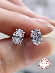 925 Sterling Silver Hypoallergenic Oval Zircon Stud Earrings for Women, Four-Prong Imitation Diamond Sparkling Cubic Zirconia Jewelry, Minimalist Silver/Gold Daily Versatile Earrings for Sensitive Skin, Casual All-Match Fine Jewelry, Perfect for Gifting