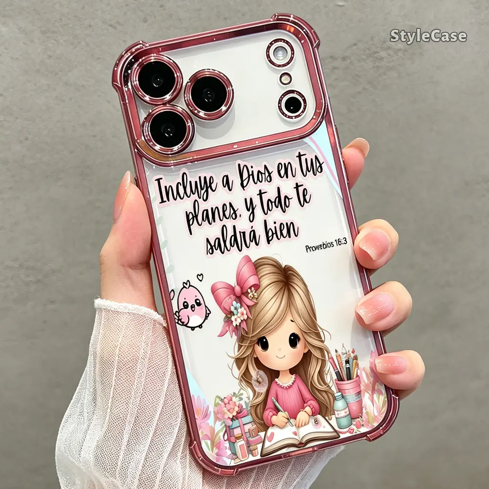 Religious Spanish Proverbs 16:3 Smartphone Case & Cover for iPhone 17 Air,16 Pro Max,16 Plus,15 Plus,14,13,12,11 - Pink Flexible TPU, Full Lens & Camera Protection, Cute Faith Girl Shockproof Accessory, Gently Hugs Phone, DDSJ260604004