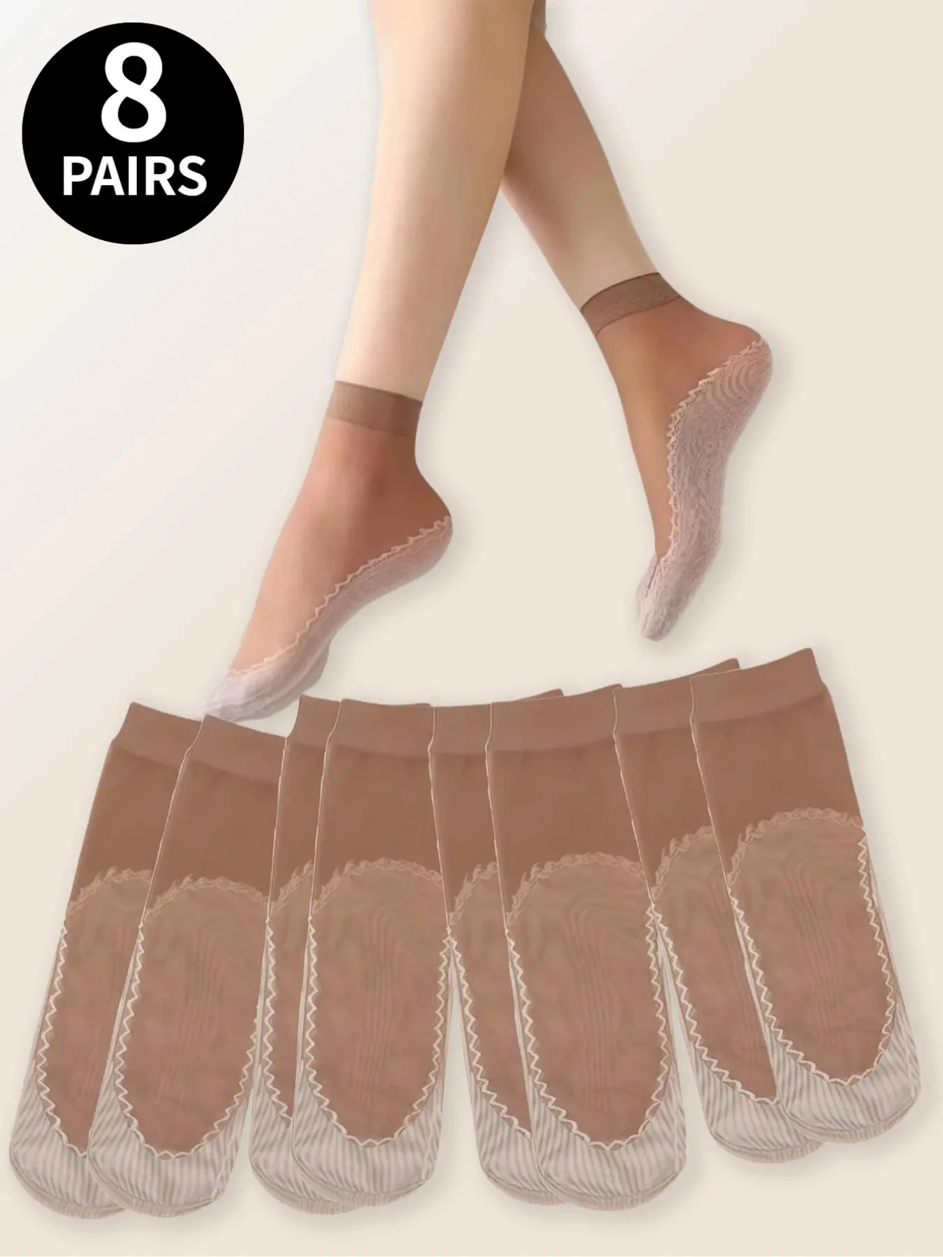 8-Pack Women's Sheer Stockings: Ankle Socks, Knee-Highs, Basic, Lightweight, Fit, Summer, Silky Feel, Breathable, Ultra-Thin Design, Brown, Perfect for Everyday Wear