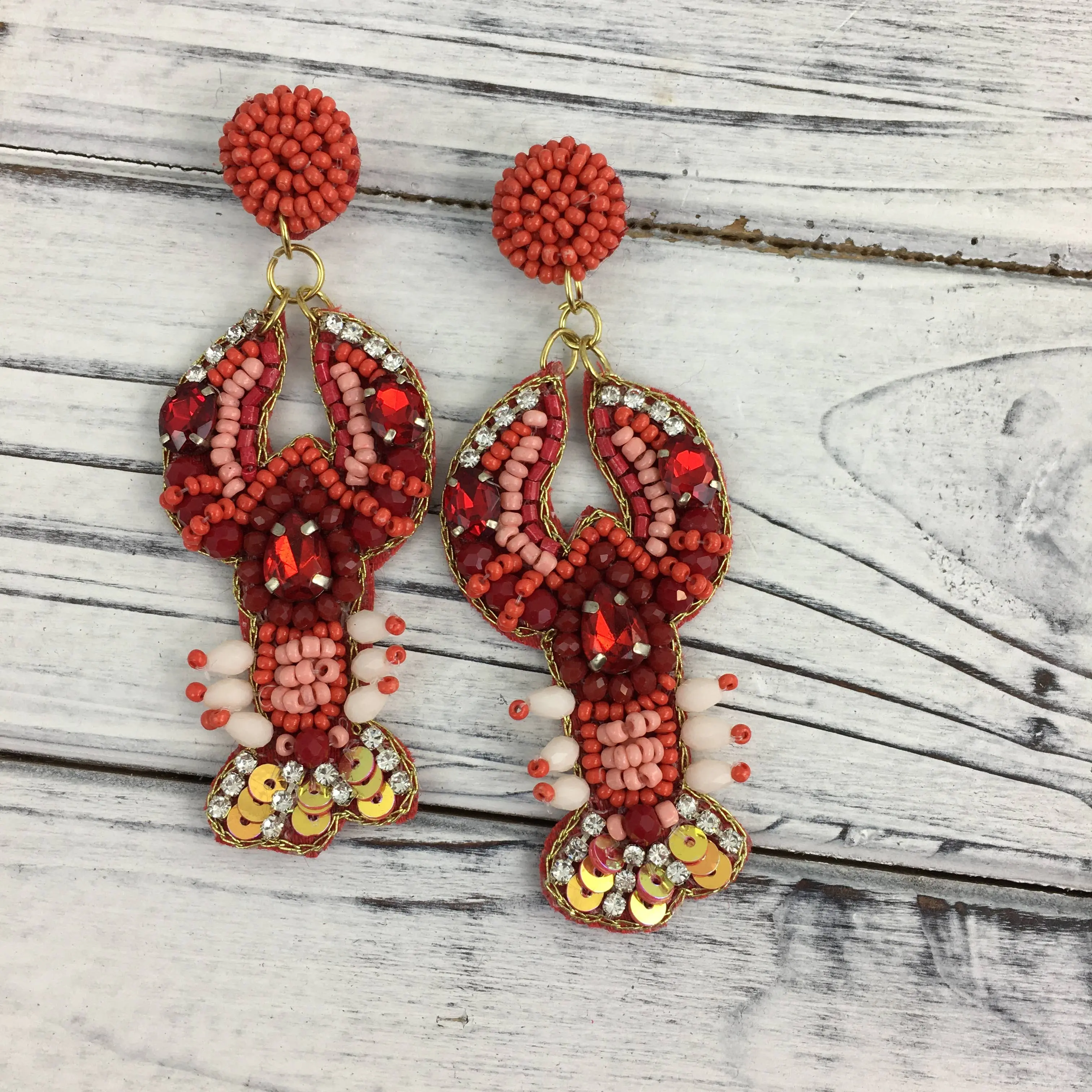Beaded and Jeweled Crawfish Earrings with Red Beads, Decorative Design, Elegant Style, Elegant Finish
