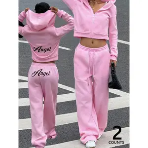 Women's pink autumn and winter short sweatshirt and loose straight pants set, letter print casual and fashionable hooded long-sleeved sweatshirt and sweatpants, comfortable daily wear