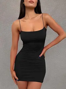 Women's Sexy Fitted Bodycon Mini Dress with Backless Design, Elegant Solid Color Short Sleeve Top, Perfect for Parties & Night Out, Spaghetti Strap