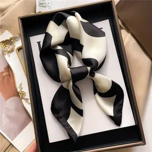 1pc Elegant Black & White Print Satin Square Scarf - Breathable Sun Protection Hijab Headscarf, Elastic Stretchy Bandana for Women, Casual Outdoor Fashion Accessory, Sophisticated Design |   Jacquard Craftsmanship, Hair Scarf