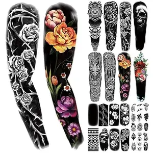 46 Sheets Black Skull Temporary Tattoo for Men Women, 8 Full Arm Tribal Tiger Snake Fake Tattoos, 8 Half Arm Butterfly Heart Clown Flowers Tattoos, 30 Tiny Body Tattoos Stickers Realistic Adult Kid