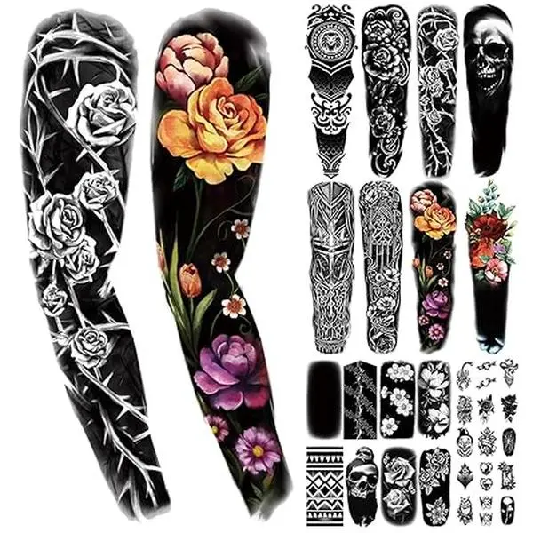 46 Sheets Black Skull Temporary Tattoo for Men Women, 8 Full Arm Tribal Tiger Snake Fake Tattoos, 8 Half Arm Butterfly Heart Clown Flowers Tattoos, 30 Tiny Body Tattoos Stickers Realistic Adult Kid