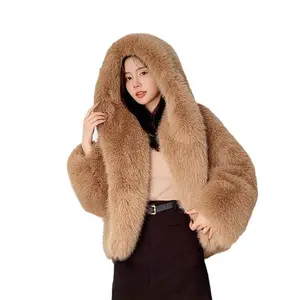 2025 New Product Fried Street Eco-Friendly Faux Fur Hooded Jacket for Women High-End Furry Warm Top Green Coat Casual Fashionable Outerwear Minimalist Rose Red Long Sleeve Women’s Basic Winter Wear