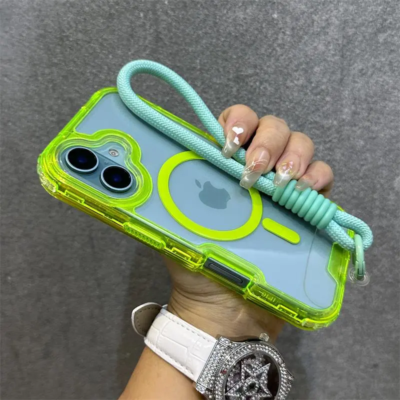 MagSafe Magnetic Transparent Wrist Strap Candy Armor Bumper Case, Protective Cellphone Cover & Accessory for iPhone 17, 16, 15, 14, 13 Pro Max Plus, Shockproof Transparent Shell, Accessories