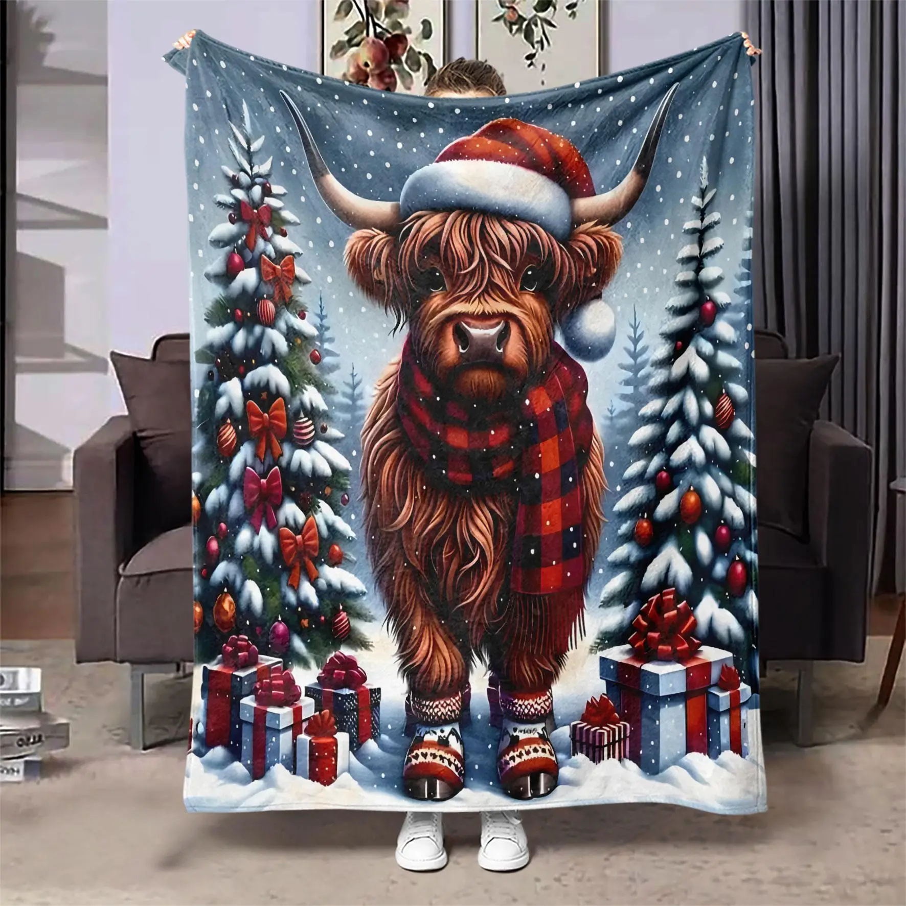 Christmas Highland Cow Pattern Blanket, 1/2 Counts Soft Comfortable Warm Throw, Air-conditioned Room Blanket, Warm Nap Blanket for Home Office Travel