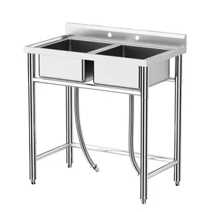 Garvee Freestanding Double Bowl Laundry Sink, Commercial Restaurant Kitchen Sink Set, Stainless Steel Utility Sink for Kitchen, Bar, Garage, Backyard (36 in)