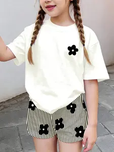 Short Sleeve Tee Set, Girl Summer Floral Graphic Top & Striped Shorts, Cute Loose-Fit Fashion for Kids, Floral Print Set, Summer Clothing Set, Casual Set