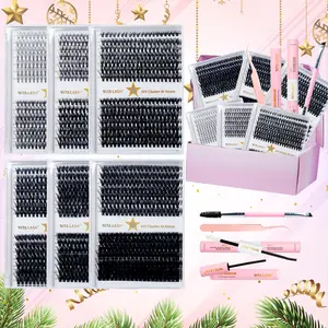 Cluster Lash Kit, 6 Boxes D Curl DIY Individual Lashes with Bond and Seal & Remover & Tweezers & Brush Kit, Natural Self Grafting DIY Segmented Eyelash, Merry Christmas, Eyelash Extensions, Eyelash Cluster, Lash Clusters Kit, Individual False Eyelash