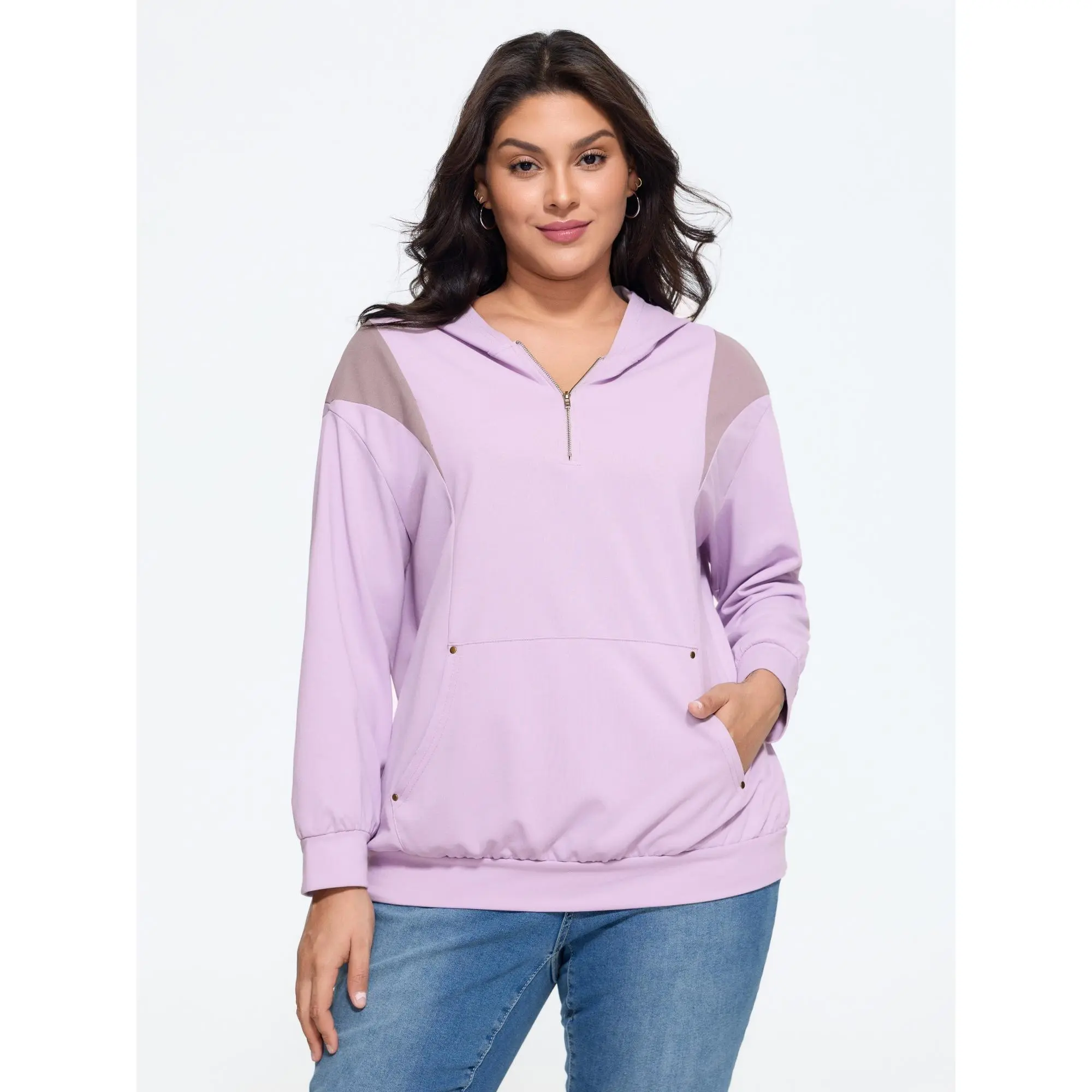 BLOOMCHIC Plus Size Color‑Block Half Zip Hoodie Sweatshirt[M-6X] Summer Finds
