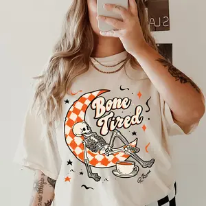 Bone Tired Skeleton Coffee and Crescent Moon Comfort Colors Shirt, Checkered Pattern, Halloween and Autumn Tops, Gift for Her