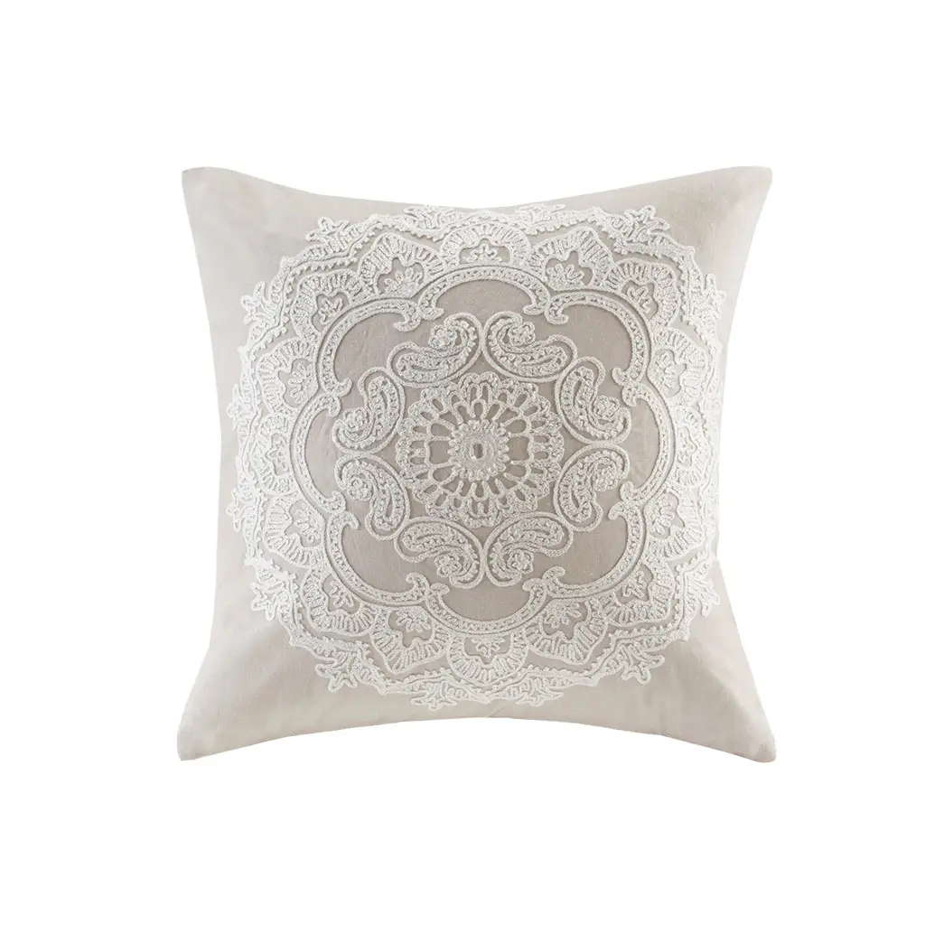 Main Street Suzanna Traditional Luxury Square Pillow - Chain Stitch Embroidery Design, Faux Linen, Suitable for Bed or Sofa, Ideal for Room Decor