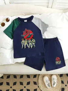 Summer Boys' Set 1 Piece, Stranger Things Role + Ghostbusters Element Core Pattern, Casual Short Sleeve Tee & Shorts Two-Piece Suit