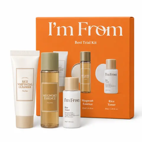 I'm From 3-Piece Korean Skincare Travel Trial Set - Adult Face Care Products for Morning Routine, Sensitive & All Skin Types, with Rice Foam Cleanser, Mugwort Soothing Essence, Hydrating Toner (1 fl.oz Each) for Radiant Skin
