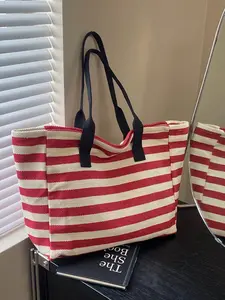 Striped Bucket Bag with Hidden Buckle, Large Capacity Sand-Resistant Casual Shopping Bag, Ideal for Beach, Camping, Outdoor Activities