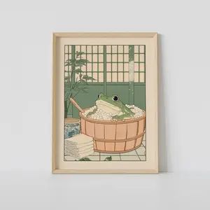 Japanese Frog in a Bathtub Print, Japanese Bathroom Wall Art, Japandi Art, Relaxing Poster, Japanese Wall Decor, Bathroom Decor