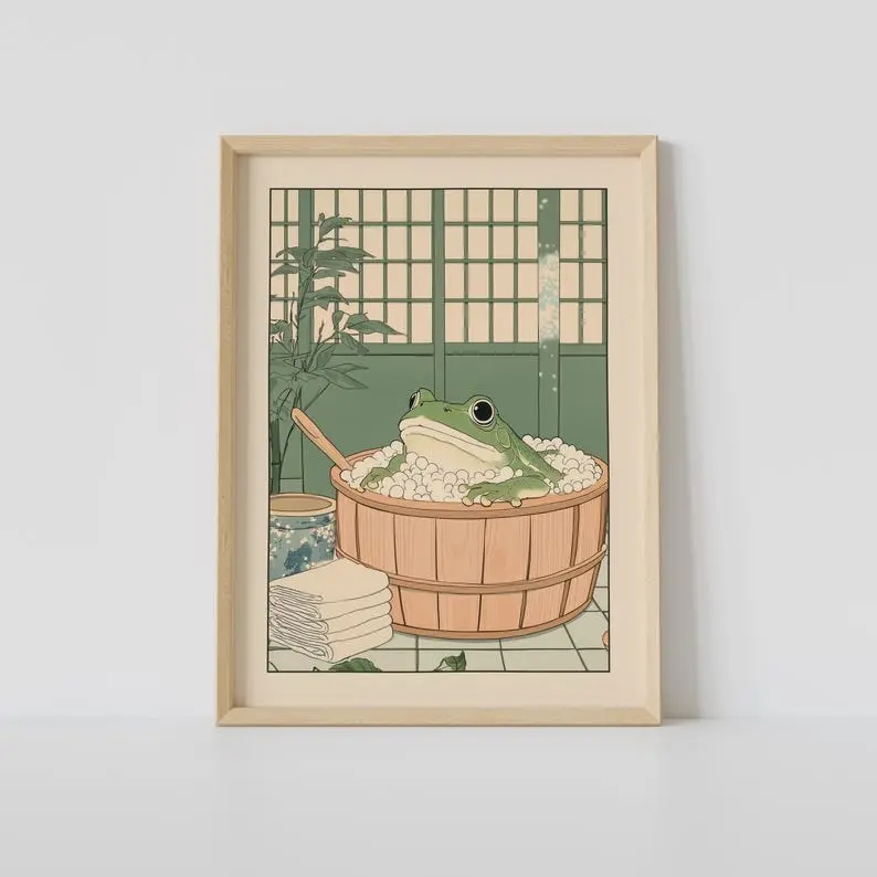 Artistic Unframed Japanese Frog in Bathtub Paper Print - Japandi Relaxation Wall Art, 12x18/17x17/18x24/30x30 Tube Poster, Bathroom Home Decor, Home Supply, Decoration