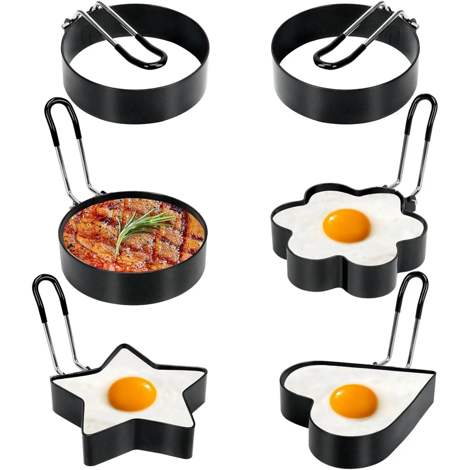 6 Pack Eggs Rings, Stainless Steel Egg Cooking Rings, Round Pancake Mold for Frying Eggs, Omelet and Muffins, Non-stick Fried Egg Mold Ring with Oil Brush and Slotted Spatula, 4 Shapes