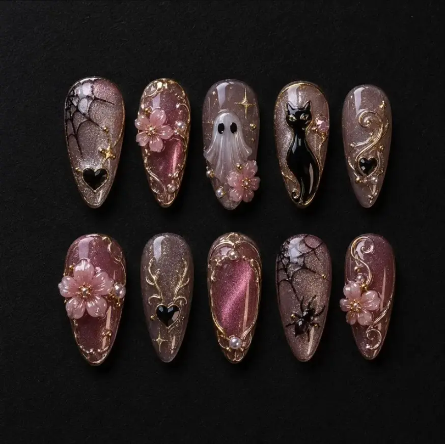 Pink Glitter Halloween Press On Nail, 3D Black Cat Spooky Ghost & Flowers Handmade, Trick Or Treat Day, Gif For Her