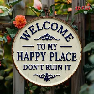 Rustic Metal Welcome Sign - "Welcome to My Happy Place, Don't Ruin It" - 19.81x19.81 cm, Vintage Aluminum Wall Art with Floral Decor, Rustic Farmhouse Design, Perfect for Home, Porch, Garden, Cafe, Bar & Outdoor Spaces, 2D Flat Hall