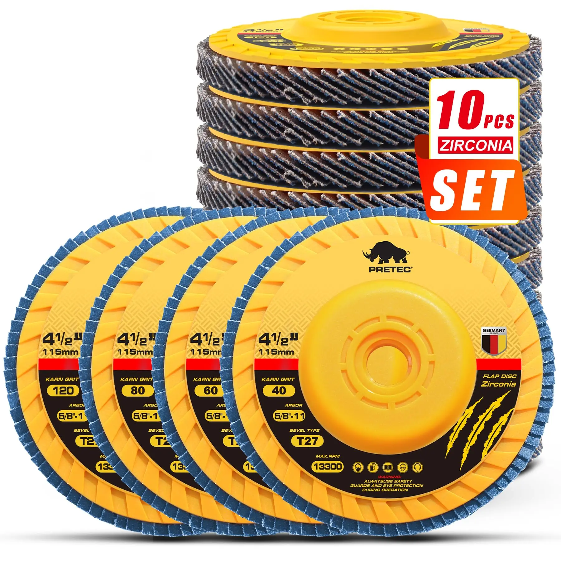 Flap Discs 4 1/2 for Angle Grinder no Tools Installation, 10 Pcs 40/60/80/120 Grit Flap Disc, 4.5" x 7/8" High Density Trimmable Zirconia Type 27 Flap Sanding Disc for Grinding and Sanding (10 Pack)