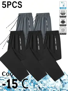 5-Pack Men's Lightweight Ice Silk Straight-Leg Drawstring Joggers Pants, Breathable Activewear Bottoms with Quick-Drying Fabric, Loose Casual Fit, Drawstring Waist, Zippered Pockets; Suitable for Fitness, Outdoor Hiking