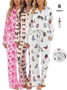 2026 Spring Summer Women's Printed Pajama Set - Cat/Bow/Star/Zebra/US Flag Prints, Loose Long Sleeve & Pants, Silk-Like Cool Fabric, Lapel Button Design, Loungewear Casual Wearable Outdoors Pyjamas Pjs Nightwear