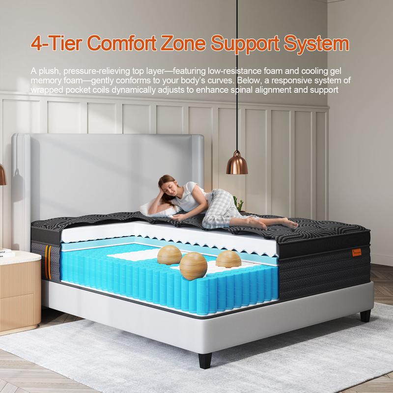 9"12"14" Gel Memory Foam Hybrid Pocket Spring Twin Full Queen King Mattress In A Box, Euro Top Mattresses Medium Firm For Motion Isolation, Edge Support