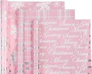 Christmas Wrapping Paper Roll - Mini Roll - 3 Rolls - 17 Inch X 120 Inch Per Roll - Pink with Silver Metallic Foil Snowflake, Plaid, Merry Christmas Lettering
